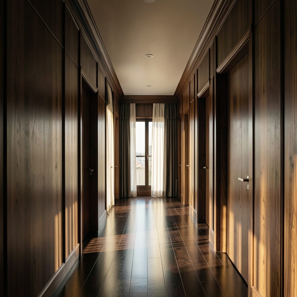 Bangkok office interior with deep wood tones and soft gold window light