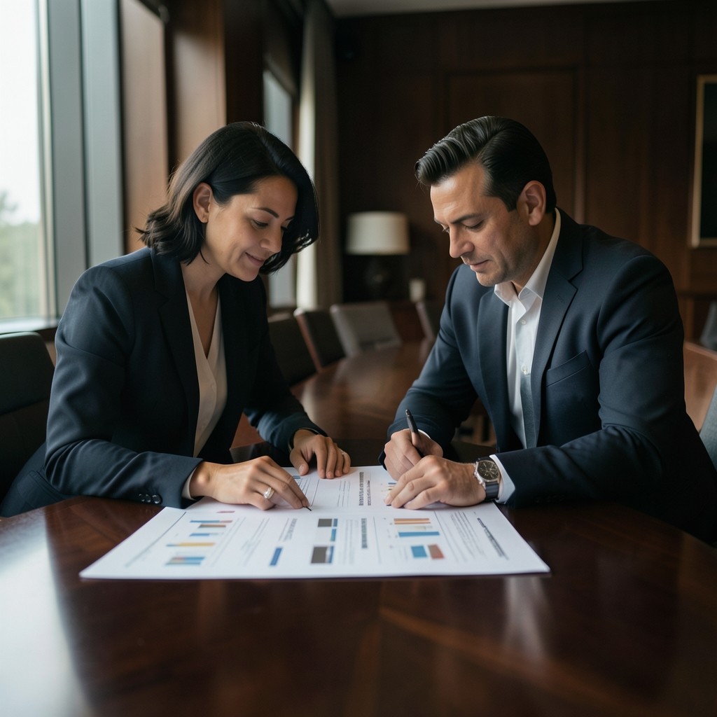 Two colleagues reviewing printed affinity charts at a long dark table
