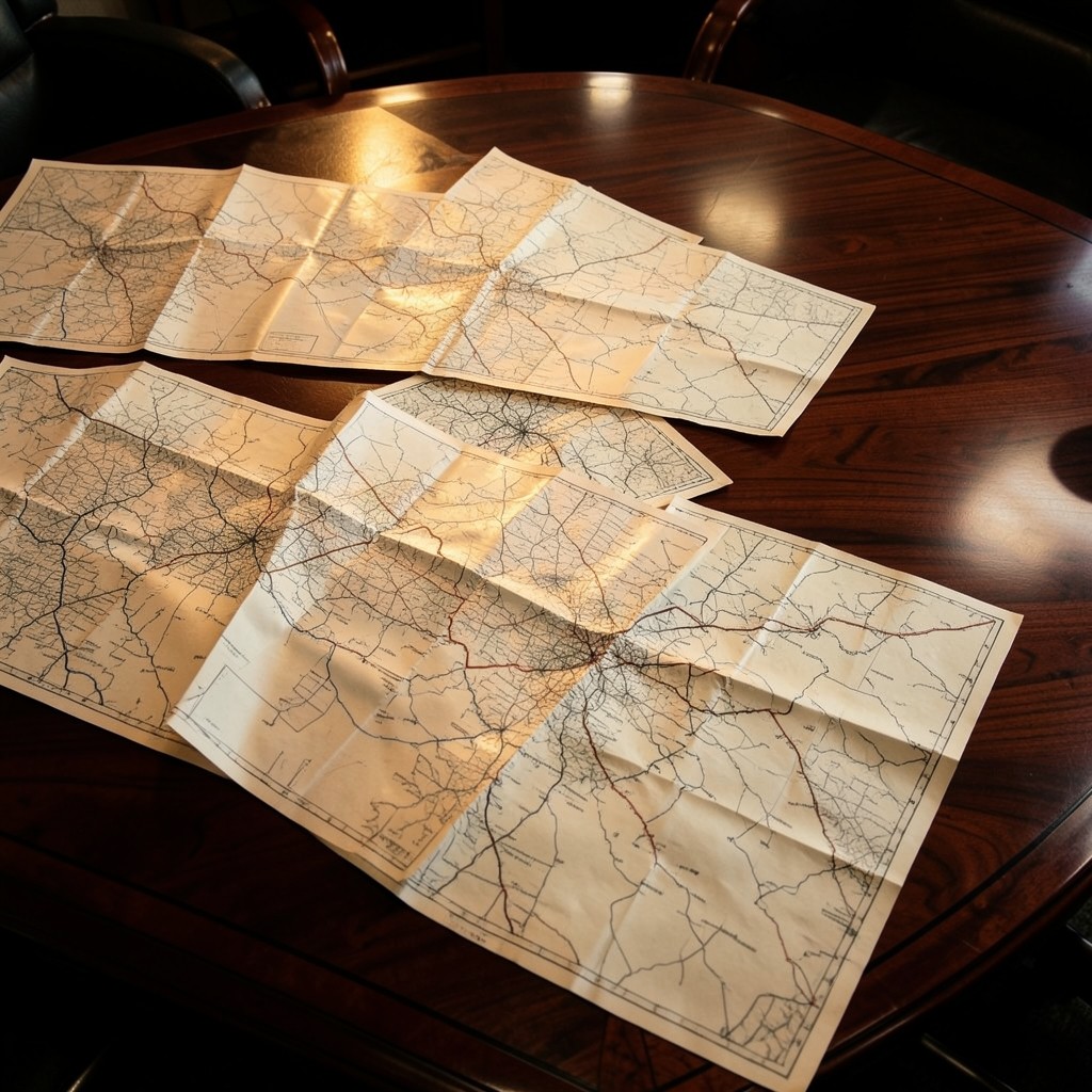Sequence of printed journey maps laid across a dark walnut conference table