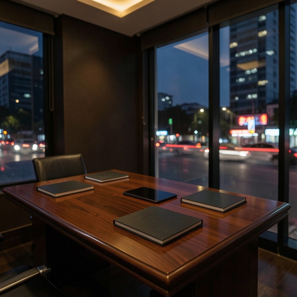 Quiet consulting table with notebooks and a tablet beside a window overlooking Bangkok evening traffic
