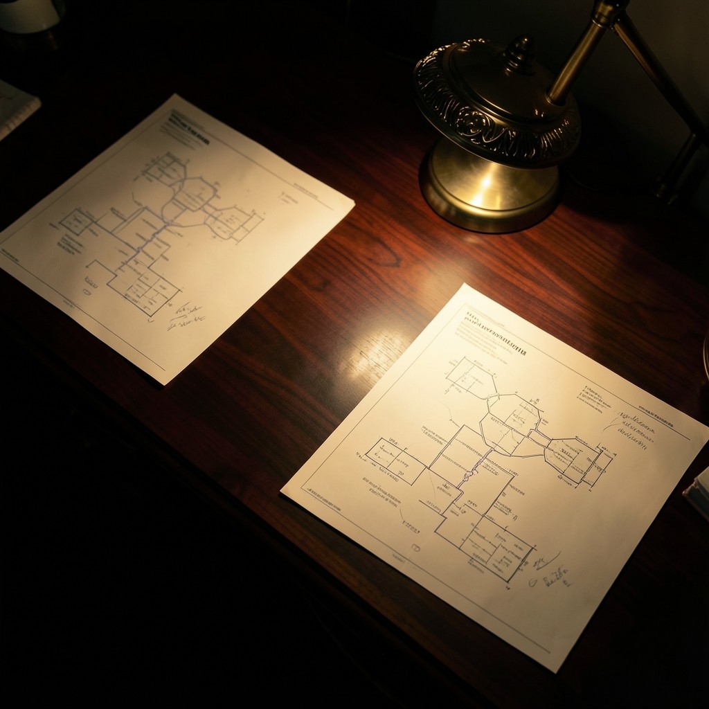 Analyst workspace with printed path diagrams under warm desk light