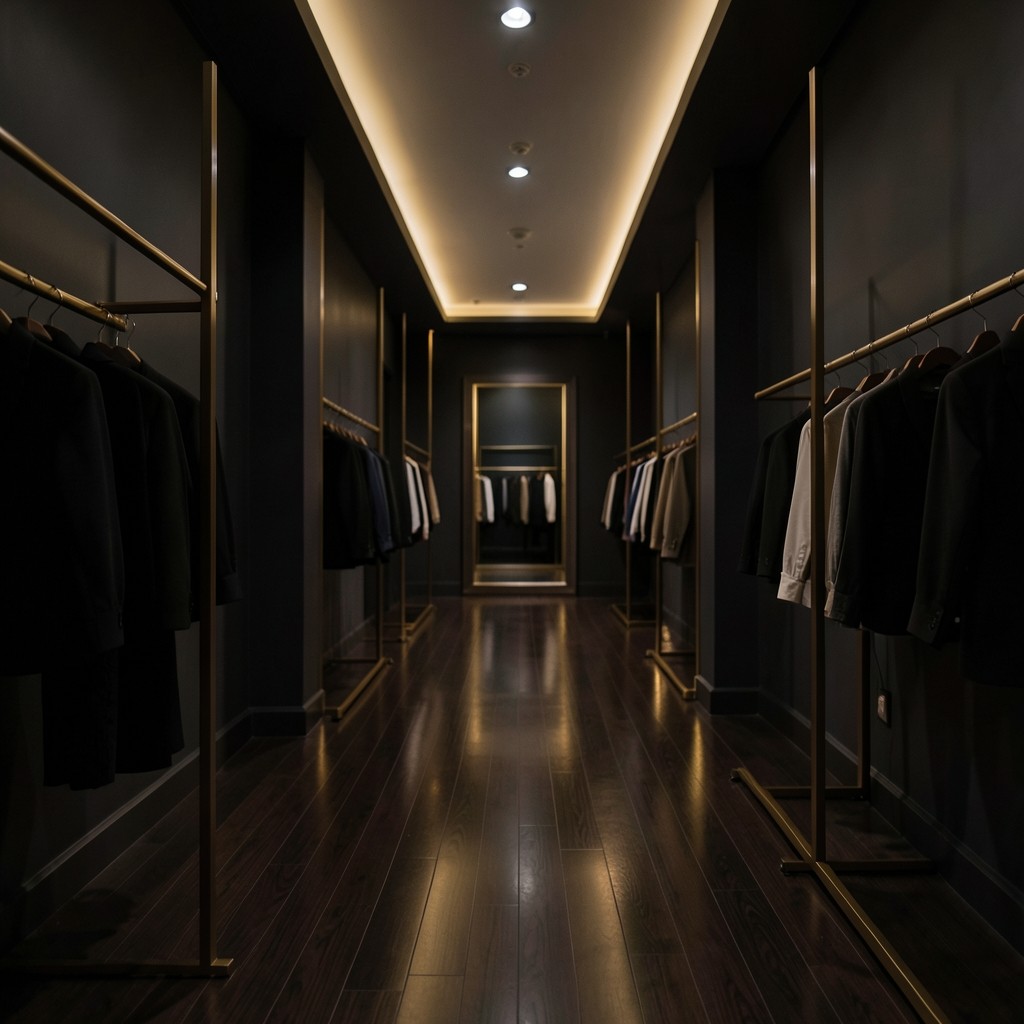 Dimly lit Bangkok retail floor with warm gold accents along polished aisles